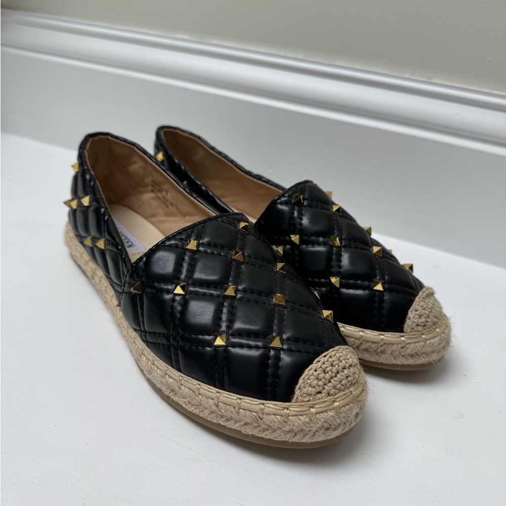 Steve Madden Black Quilted Espadrille Flats with Gold Studs